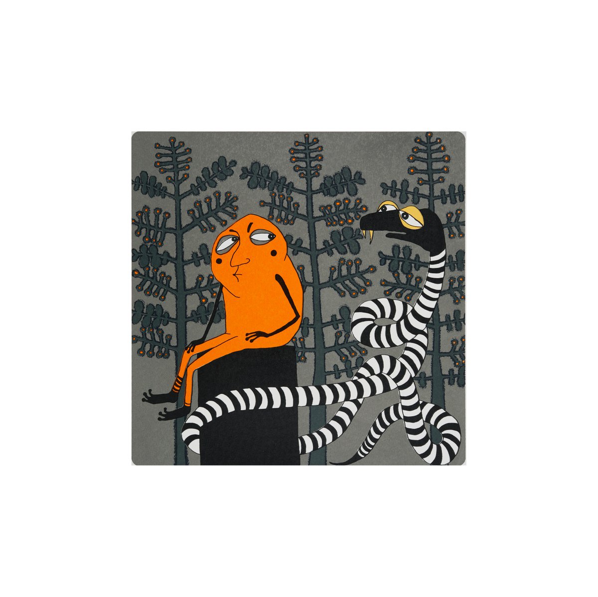 Illustrative Animal Screenprint By Katya Timoshenko, 20 X 20", Frog And Snake, Original Artwork