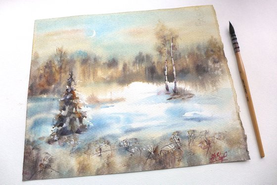 Winter forest in watercolor, Snow landscape, Moon and trees