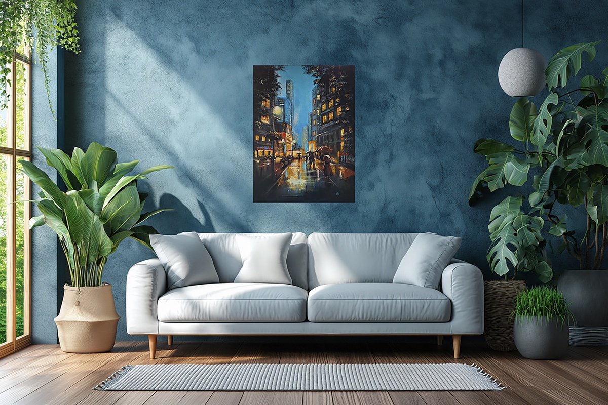 Original Acrylic Painting - City Rain Reflections Urban by Natalia
