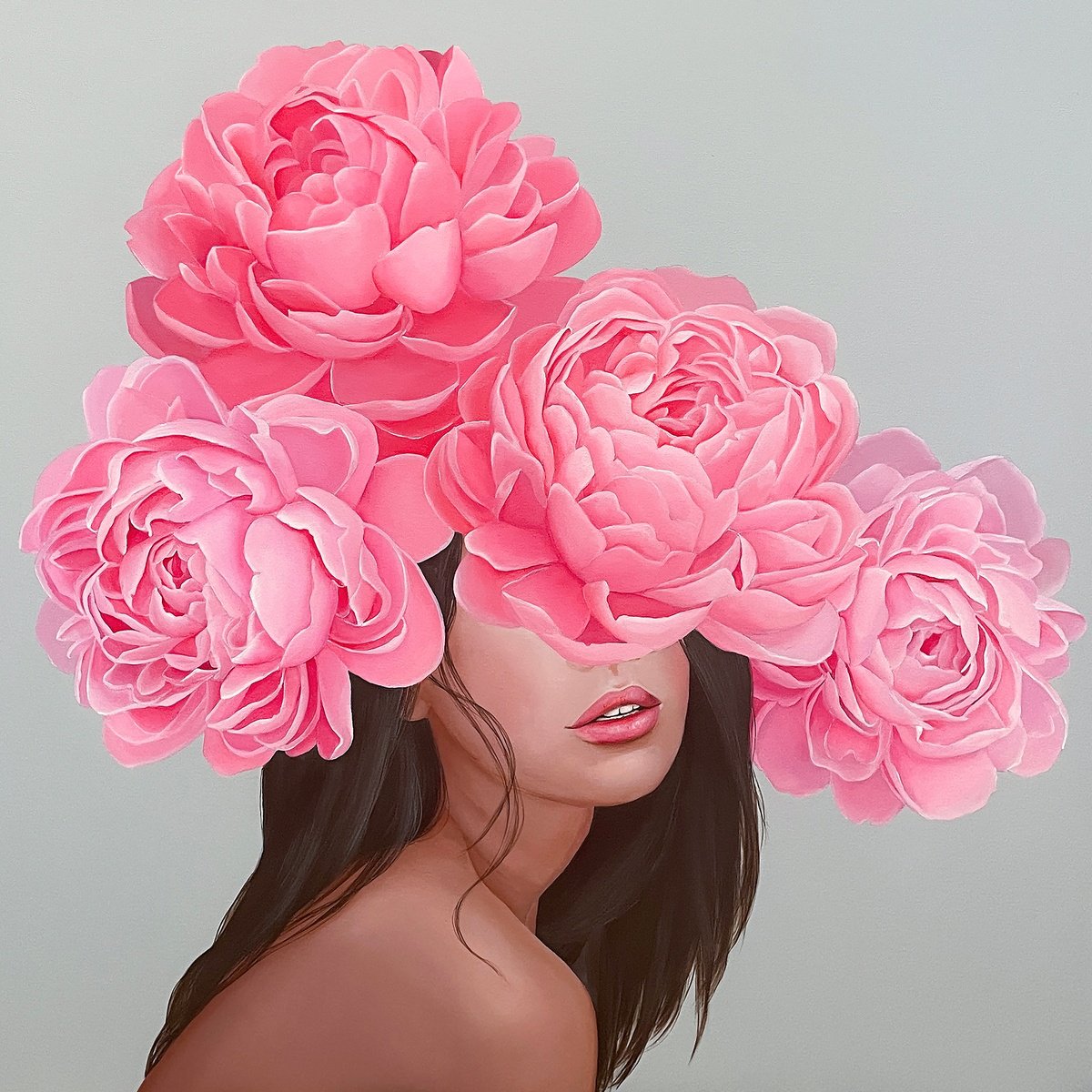 Portrait Acrylic Painting By Elina Zelena, 26 X 26, Girl And Peony Blossom, Original Artwork