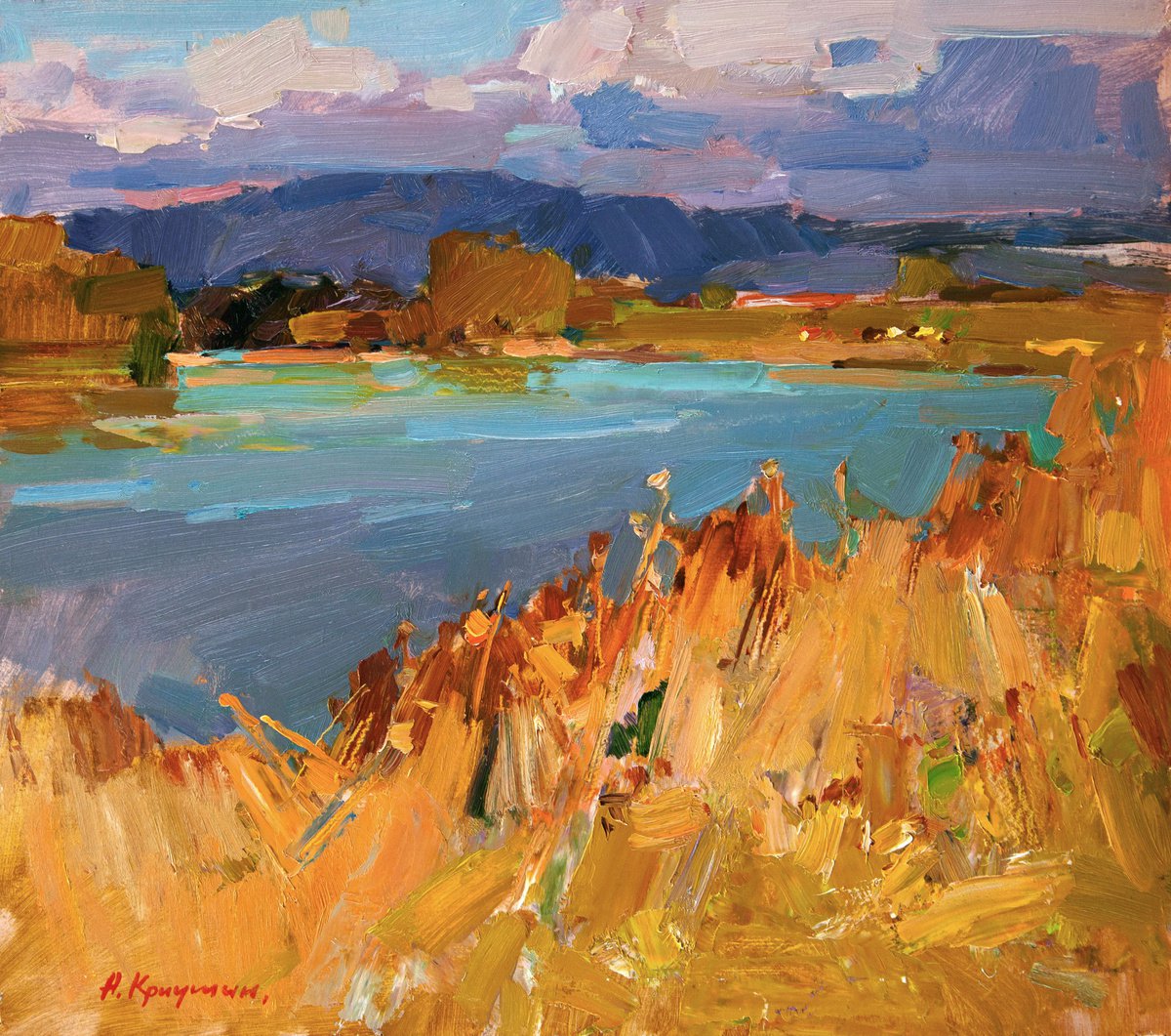 Impressionistic Landscape Oil Painting By Aleksandr Kryushyn, 18 X 16, Golden Evening On The Coast Of The Tisza River, Artfinder