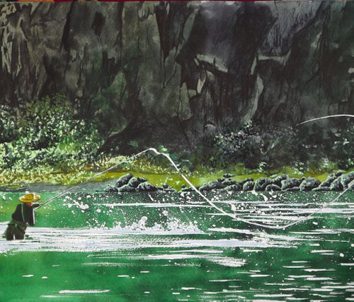 "Fishing on a mountain river" 2021 Watercolor 25x70 by Eugene Gorbachenko