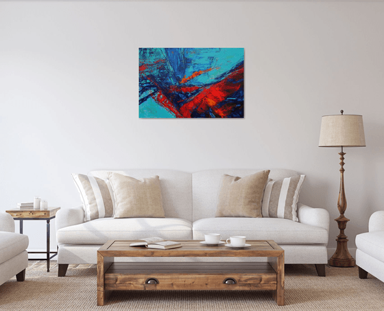 Large Abstract Blue Turquoise Red Landscape Painting. Modern Textured Art. Abstract. 61x91cm.