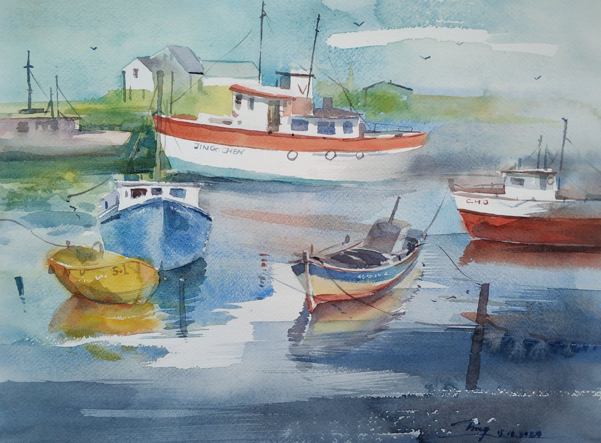 Impressionistic Landscape Watercolour By Jing Chen, 15 X 11, Boats 6, Original Artwork