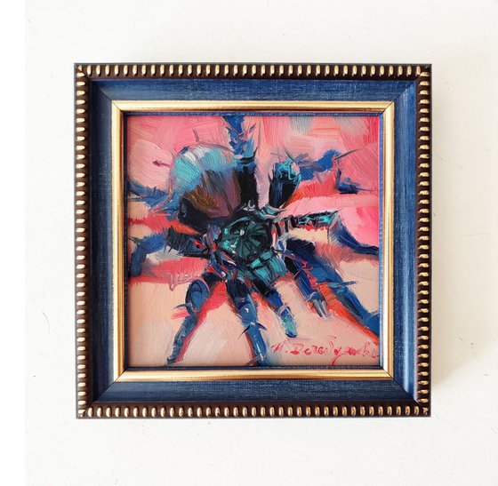 Lowbrow art painting spider, Spider artwork in frame, Spider Dark picture frame, Blue spider wall art