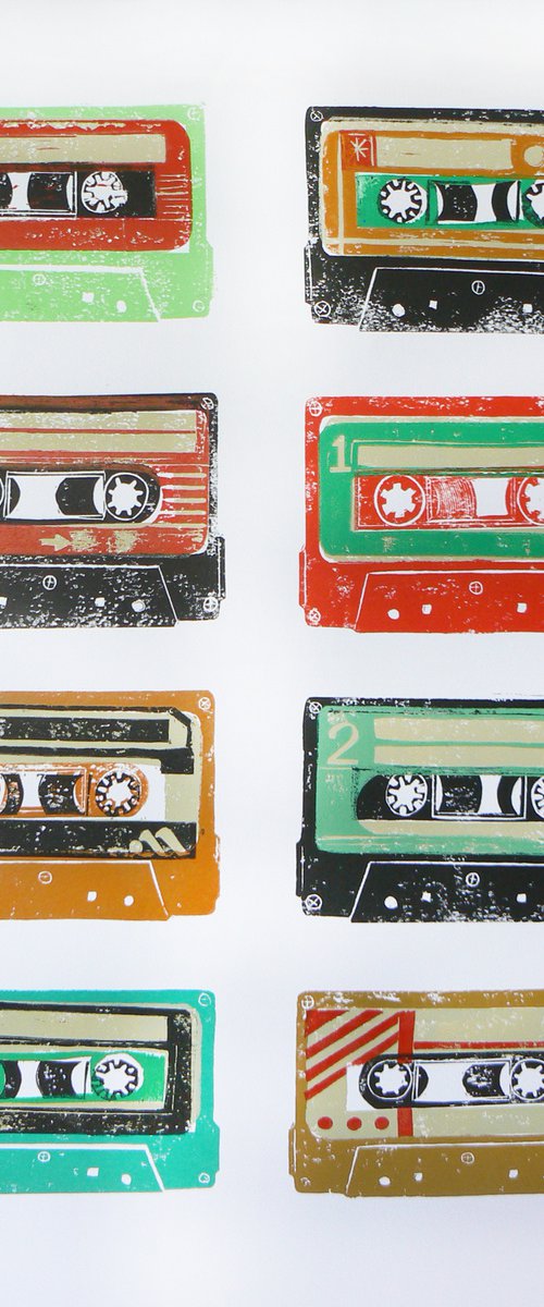 Linocut tapes #15 (cassette tapes, retro music, 70's, 80's rock culture) by Carolynne Coulson
