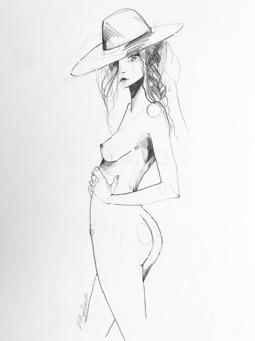 Girl with hat pencil drawing by Holly Sharpe