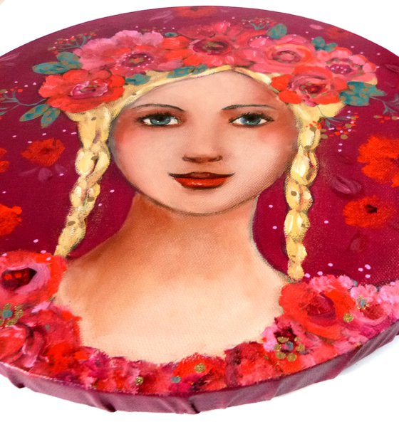 Masha in the garden 30 cm round canvas