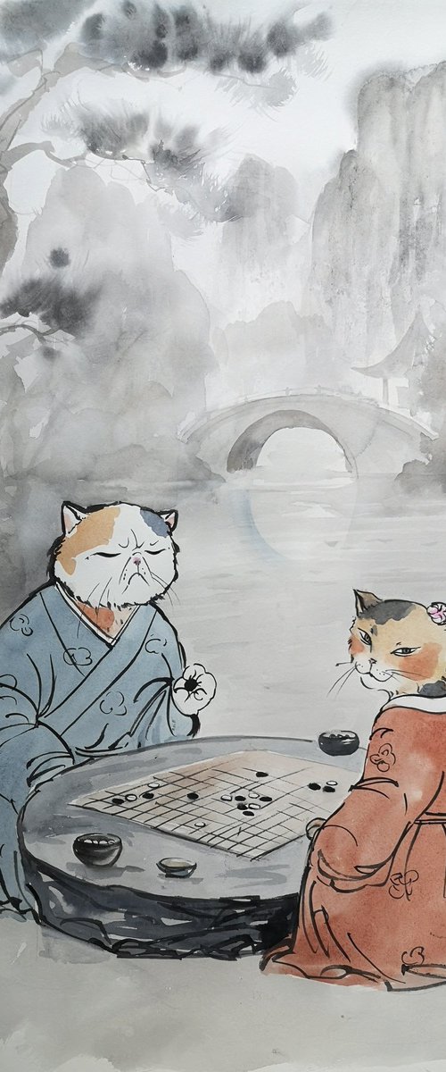 Calico Cats Playing Go by Olga Beliaeva Watercolour