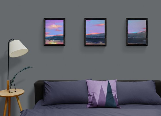Bright landscape - "Violet mountain" - Seascape - Triptych - Minimalism - Sunset