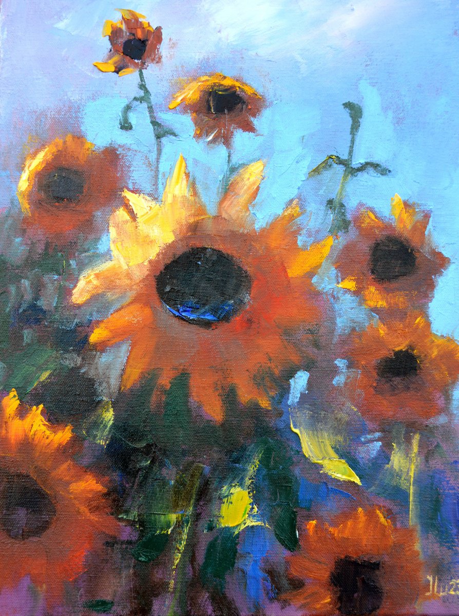Expressive Landscape Oil Painting By Elena Lukina, 12 X 16, Sunflowers, Original Artwork