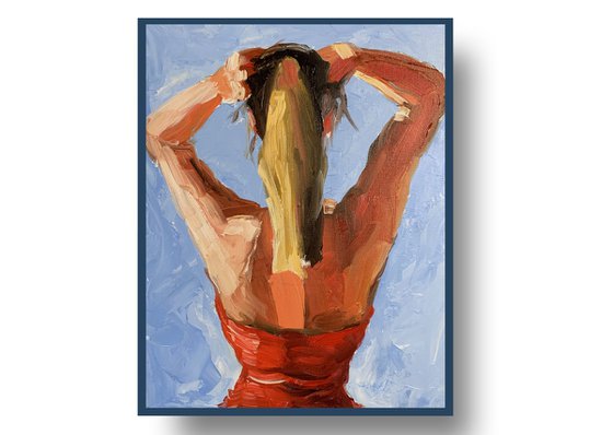 Woman in a red dress.