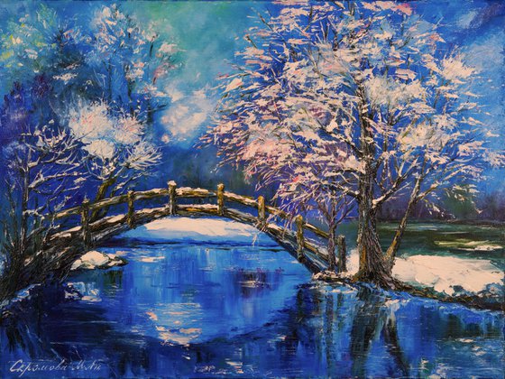 ARTIST'S DREAM - River. Evening. The park. Bridge. Winter evening. Snowy forest. Snowfall. Trees.
