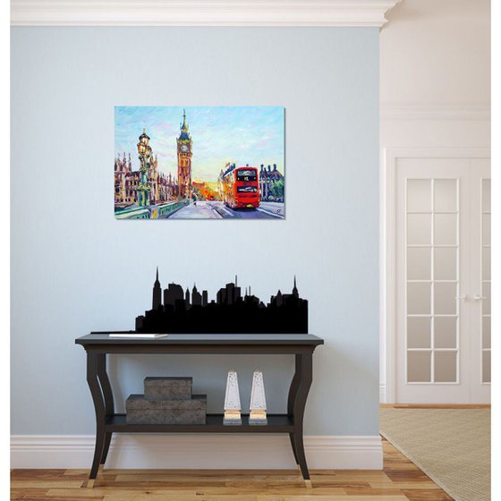 "Sunrise in London" original Big Ben oil painting, ready to hang, wall decor gift idea.