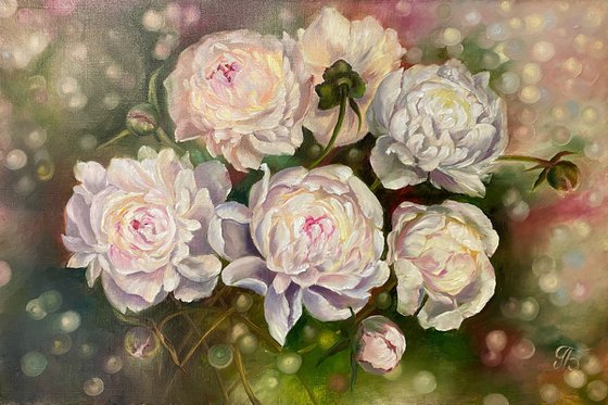 Peonies.  Aerial oil painting.