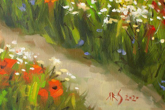 Poppy Field (Modern Impressionistic Landscape Oil Painting, Gift for nature lovers)