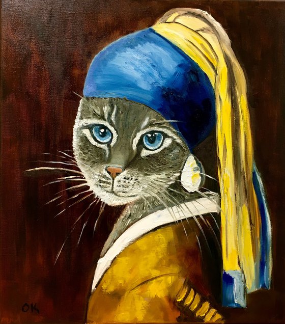 British blue Cat with the pearl earring #7  inspired by Johannes   Vermeer painting feline art for cat lovers gift idea