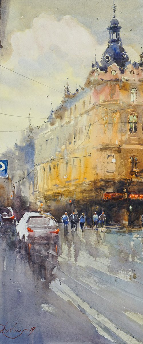 Riga. Dzirnavu Street. Watercolor on paper. by Aleksandrs Neberekutins