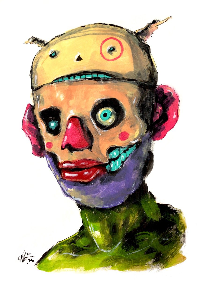 #108 Zombie portrait painting original art, Horror Naive Outsider Folk Art Brut Strange ac... by Ruslan Aksenov