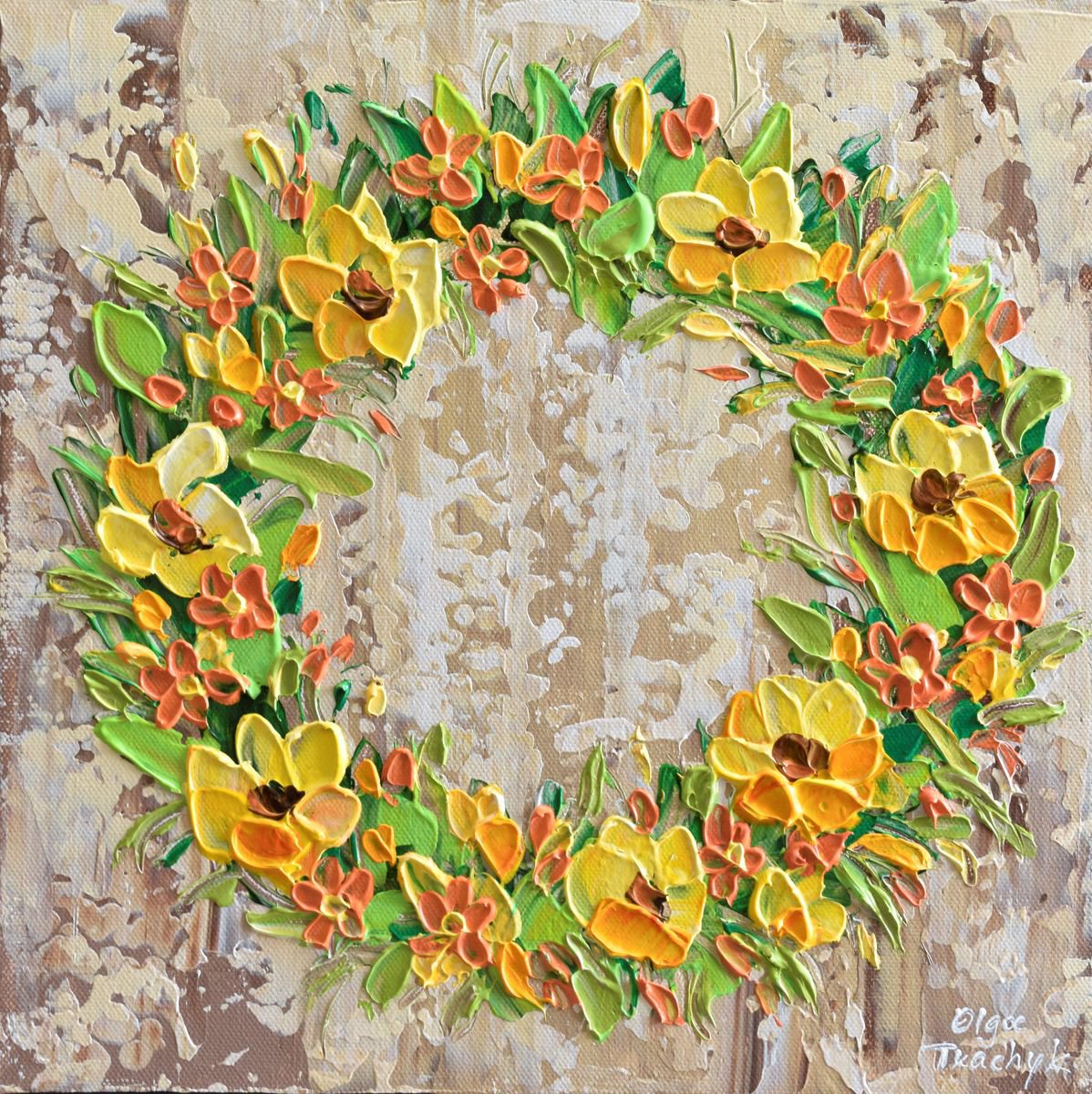  Yellow Flowers Holiday Wreath By Olga Tkachyk, 12 X 12, Artwork For Sale On Artfinder