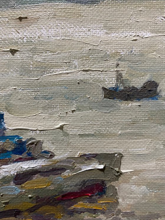 Original Oil Painting Wall Art Signed unframed Hand Made Jixiang Dong Canvas 25cm × 20cm Fishing Boat landscape Small Impressionism Impasto