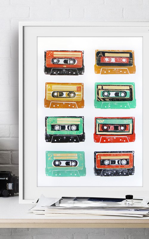 Linocut tapes #7 (cassette tapes, retro music, 70's, 80's rock culture) by Carolynne Coulson