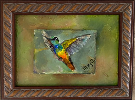 Fiery-throated Hummingbird oil painting on gessoed masonite mounted on gessoed panelboard silver gold frame 5x7