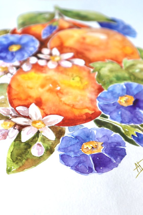 Watercolor oranges and blue flowers illustration, fresh summer and green leaves