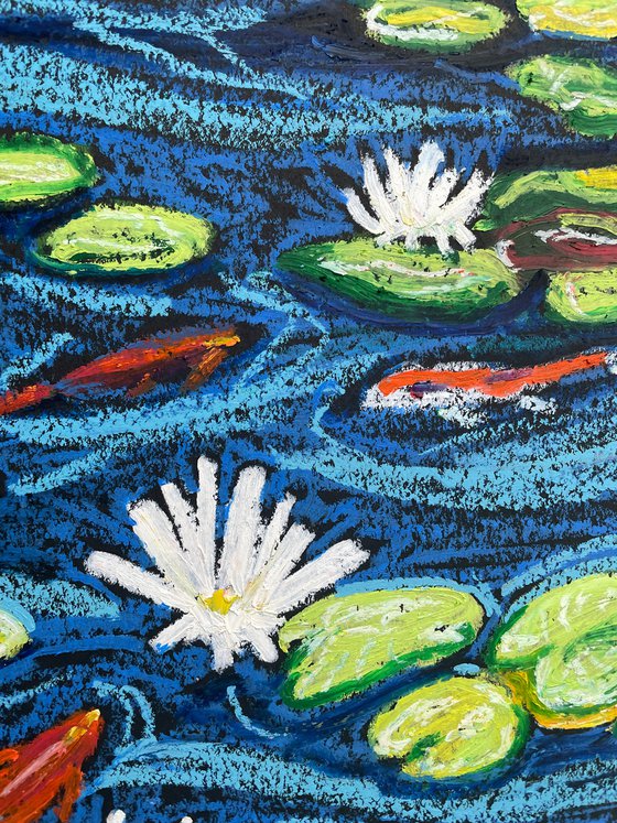 Koi Fish Painting, Original Oil Pastel Drawing, Feng Shui Art, Fish Artwork, Carp Wall Art