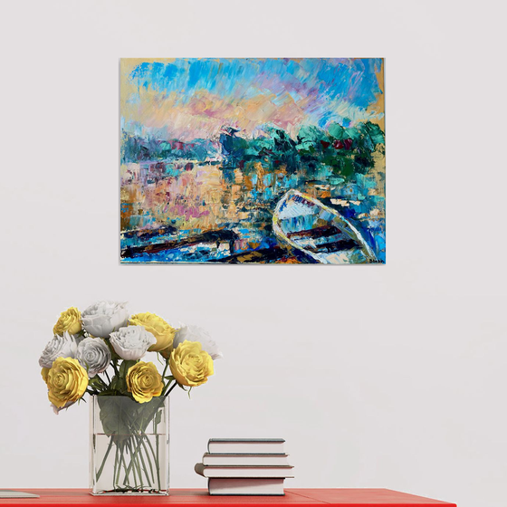 Boat - A way to remember, 35*45cm, impressionistic sunset oil painting with a texture