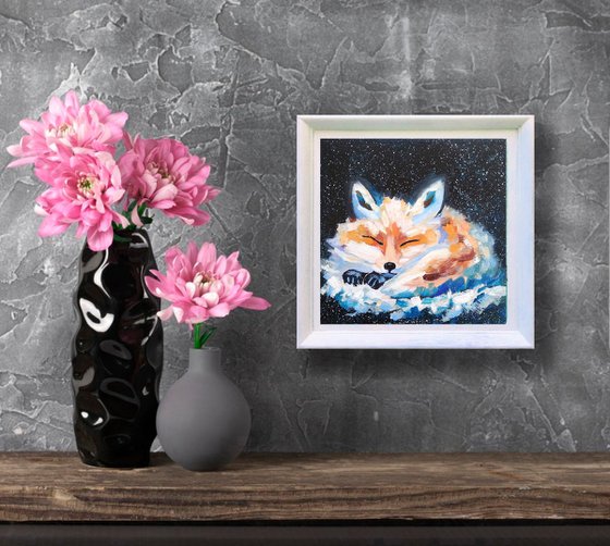 Sleeping Fox Painting Original Art Small Animal Artwork Miniature