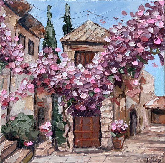 Romantic street flowers painting on canvas 18x18mini art impasto oil