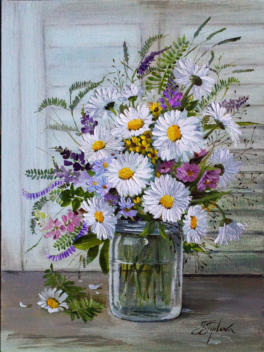 Impressionistic Botanical Oil Painting By Tetiana Tiplova, 12 X 16", Daisies, Original Artwork