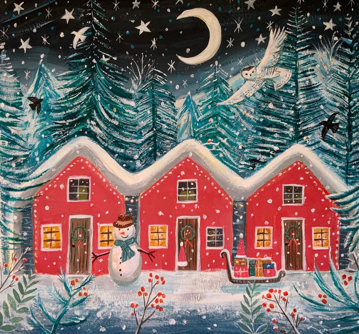Illustrative Animal Acrylic Painting By Mary Stubberfield, 12 X 11", Elf Houses, Original Artwork