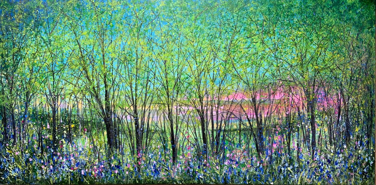 Impressionistic Landscape Acrylic Painting By Jan Rogers, 39 X 20, Bluebells At Sunset, Original Artwork