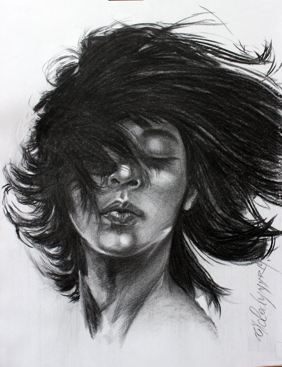 Portrait Charcoal Drawing By Volodymyr Melnychuk, 20 X 26", Moment, Original Artwork