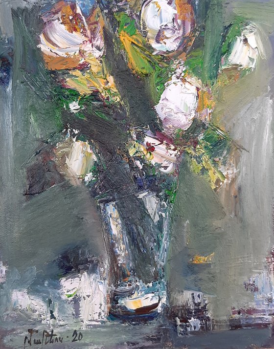 Still life - flowers, 24x30cm, oil painting, palette knife