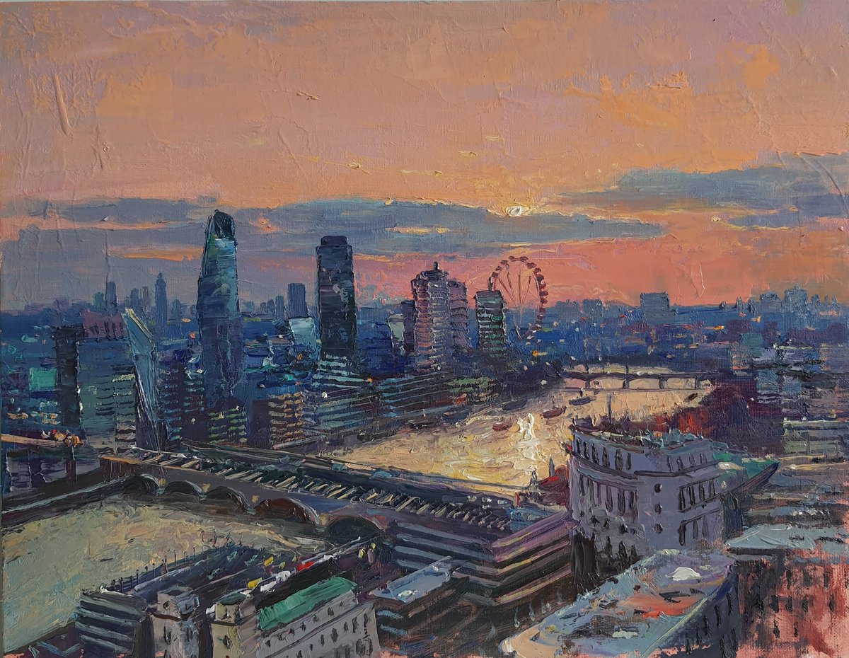 Impressionistic Cityscapes Oil Painting By Roberto Ponte, 18 X 14", View Of London, Original Artwork
