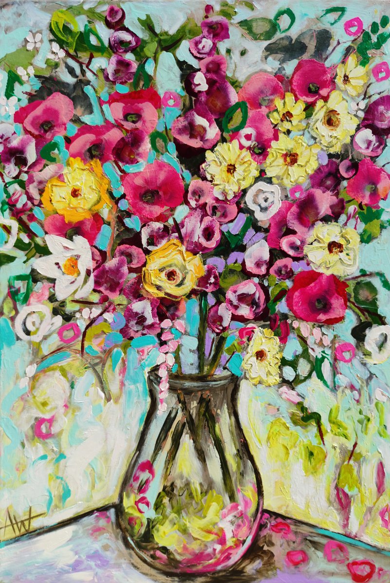 Expressive Botanical Oil Painting By Angie Wright, 24 X 35, Summer Flowers, Original Artwork