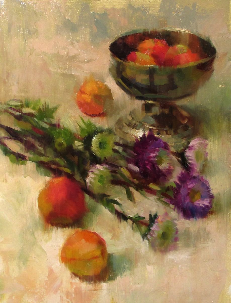 ’Apricots and Asters’ - original oil painting, alla prima oil painting, one of a kind by Alex Kelly