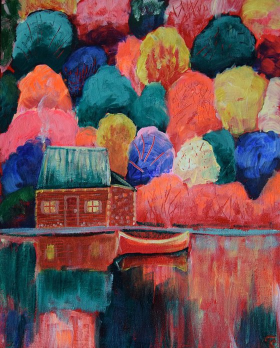 Acrylic painting Fairy house near fall forest lake