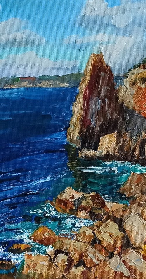 Coastal beach oil painting blue ocean landscape wall decor 10x12" by Leyla Demir