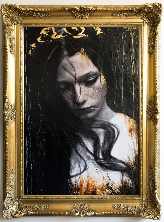 "Dreamworld" (98x74x9cm) - Unique portrait artwork on wood (abstract, portrait, gold, original, resin, beeswax, painting)