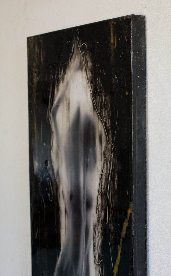 "Euphoria" (60x30x2,5cm) - Unique portrait artwork on wood (abstract, portrait, epoxyresin, gouache, original, painting, coffee, acrylic, oil, watercolor, encaustics, beeswax, resin, wood, fingerpaint)