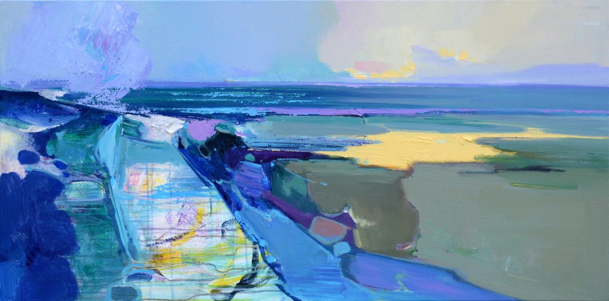 Abstract Acrylic Painting By Jianzhe Chon, 47 X 24, Sea And Sky Abstract 054, Original Artwork