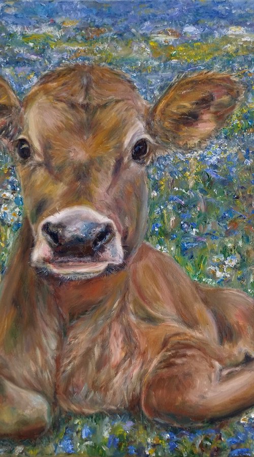 Cornelia, The Cow In Corn Flowers Meadow by Jura Kuba Art