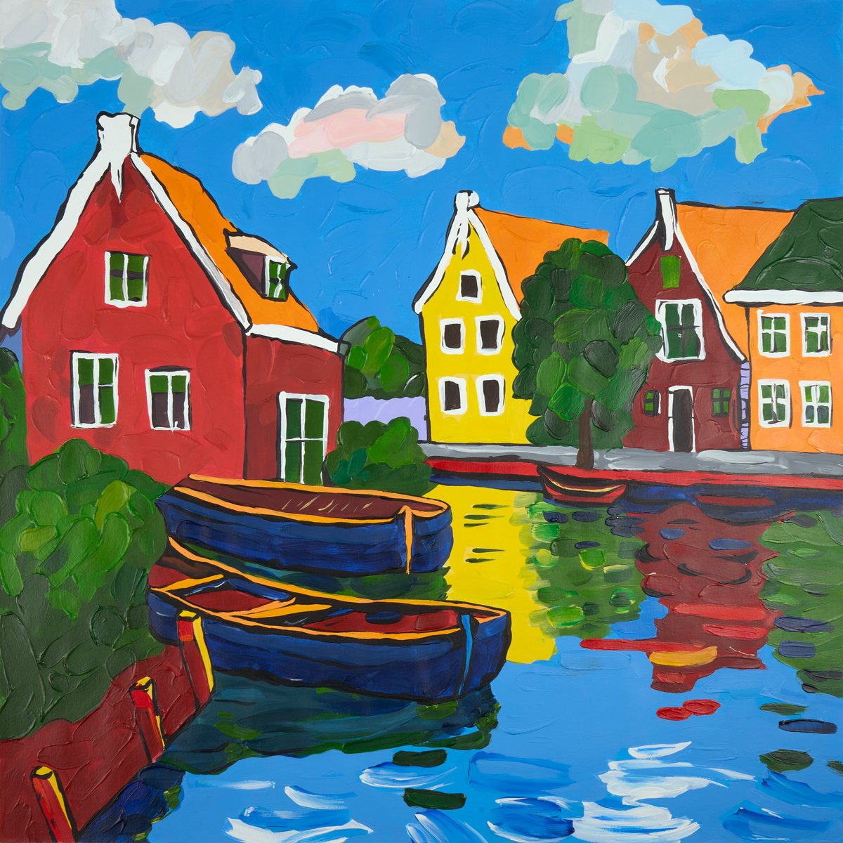 Expressive Landscape Acrylic Painting By Kosta Morr, 20 X 20", Dutch Waterside, Original Artwork