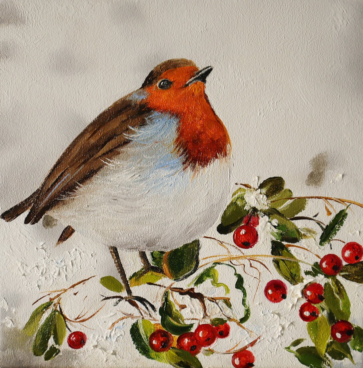 Impressionistic Animal Oil Painting By Natalia Shaykina, 8 X 8", Winter Robin, Original Artwork