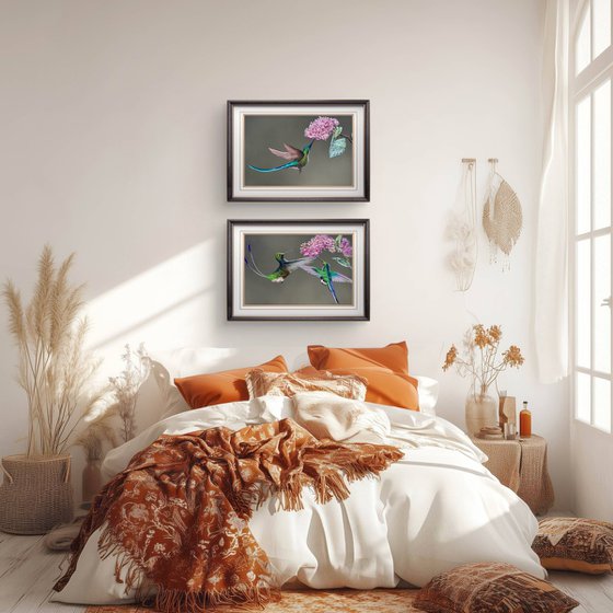 Colibri Flowers Diptych Pastel