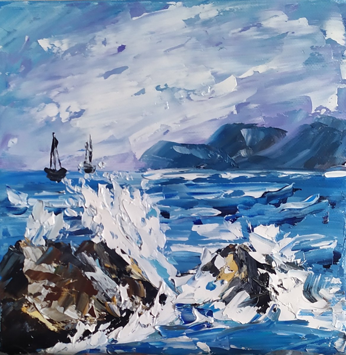 Rocks and waves, original seascape landscape oil painting, oil art, gift idea by Nataliia Plakhotnyk